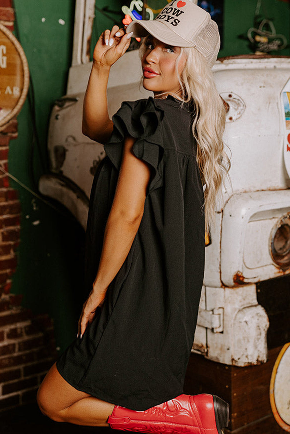 Black Ruffle Sleeve V Neck Frilled Shift Dress