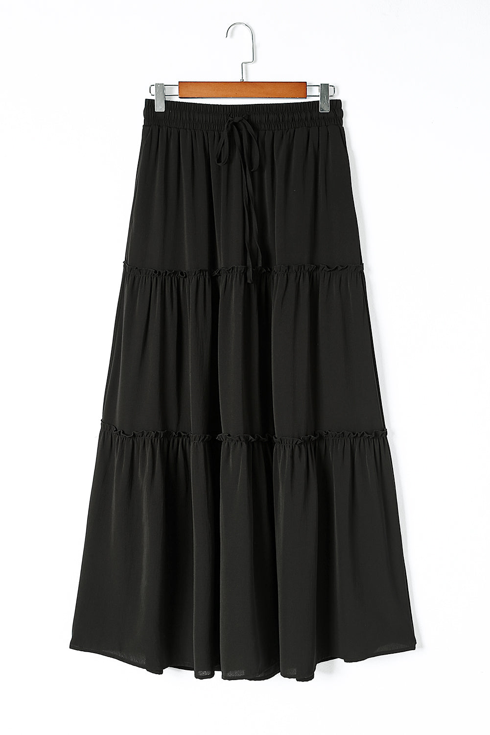 Black Frill Tiered Drawstring Waist Maxi Skirt