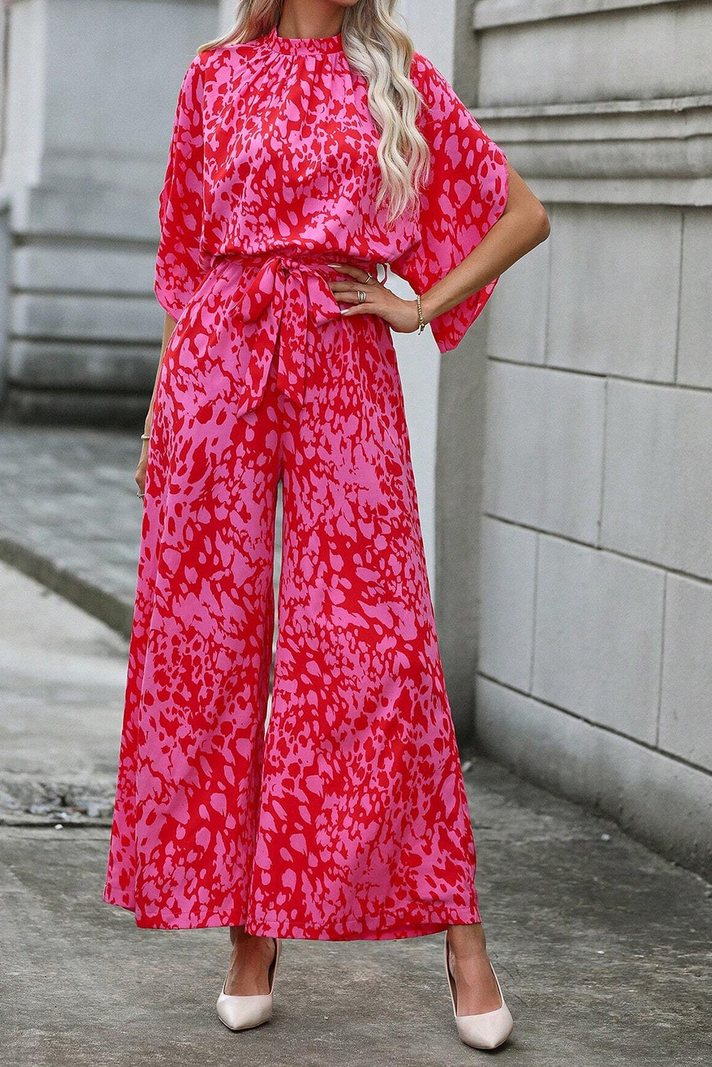 Rose Leopard Loose Sleeve Belted Wide Leg Jumpsuit