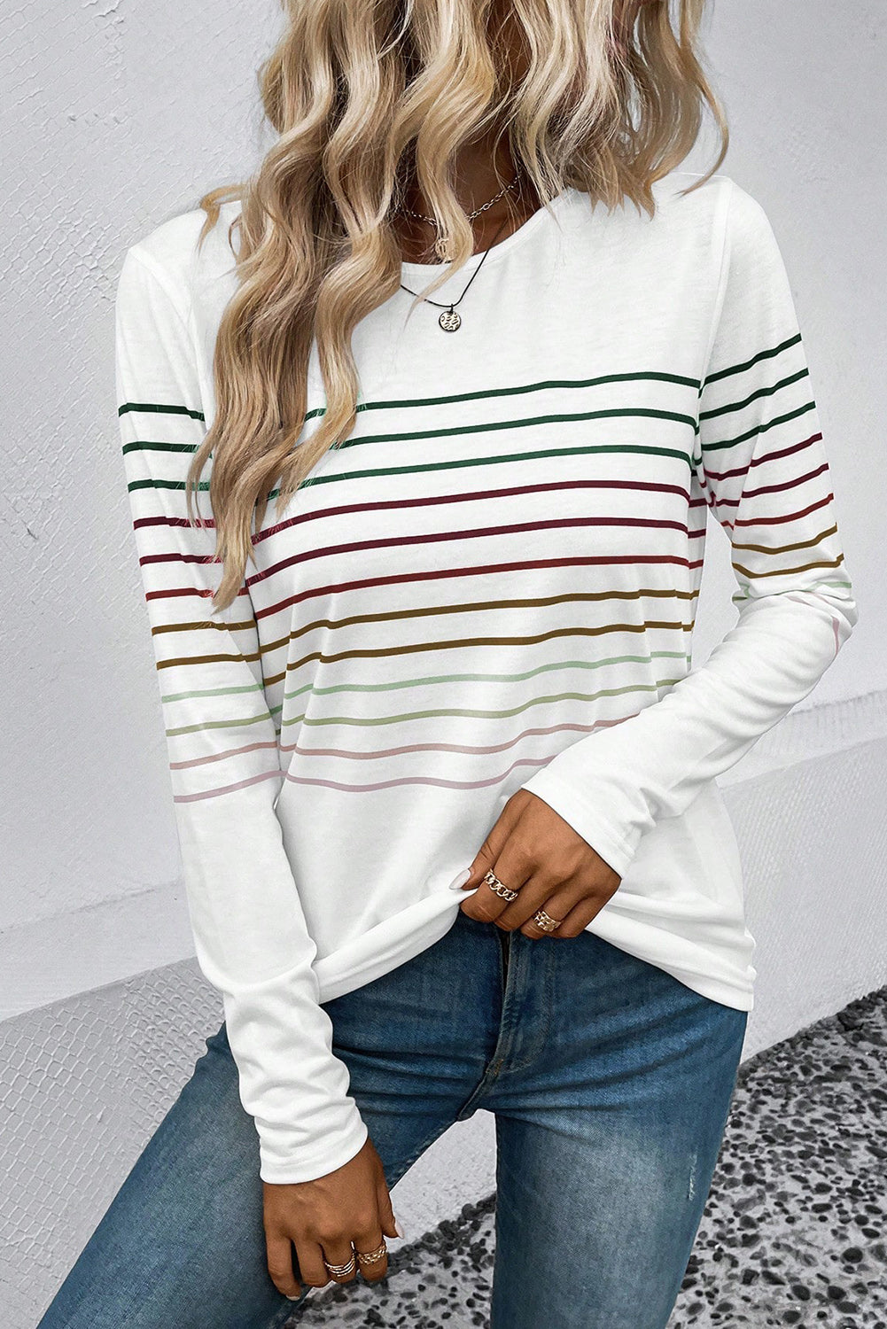 Multicolor Striped Crew Neck Long Sleeve Top