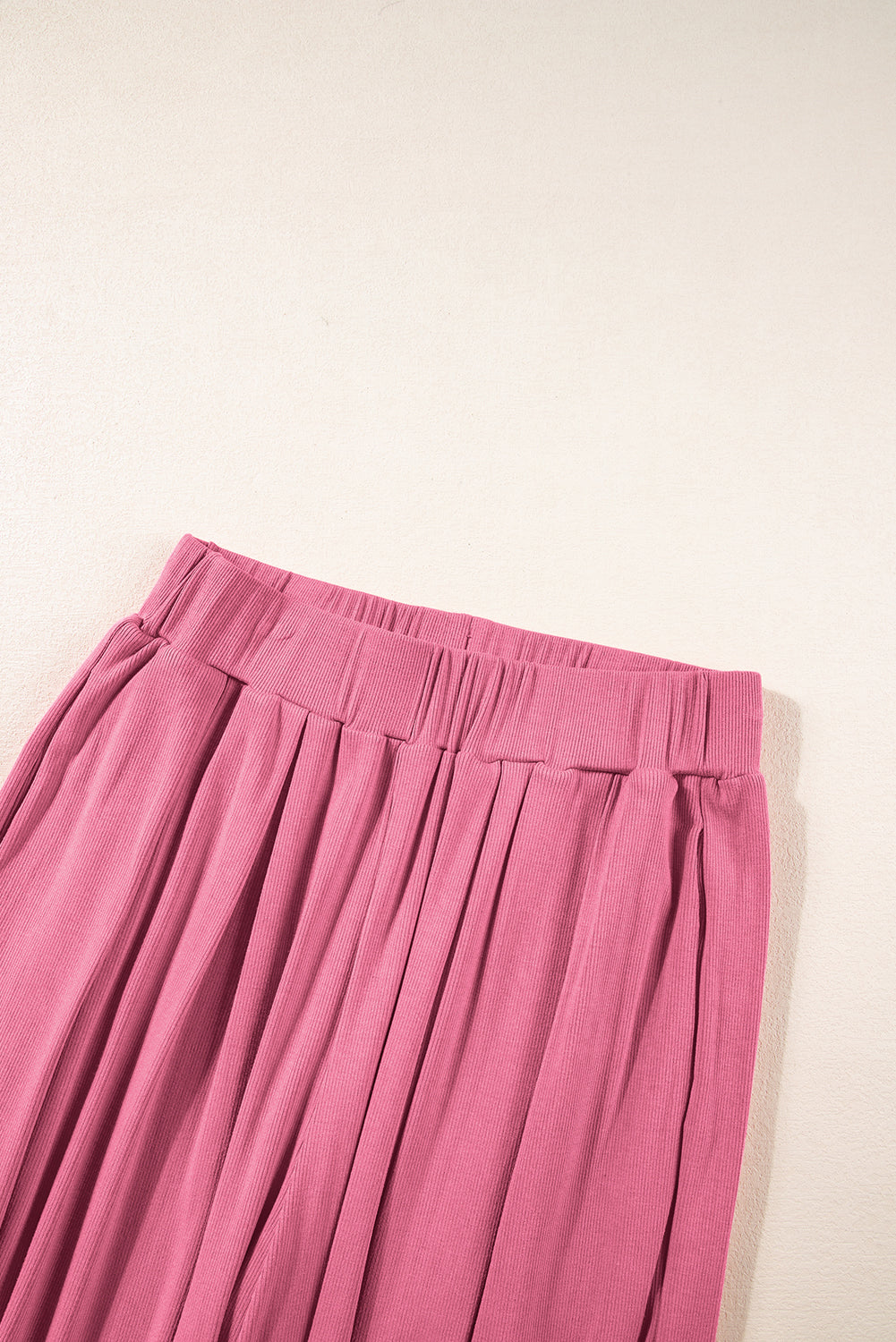 Pink Textured Sleeveless Crop Top and Wide Leg Pants Outfit