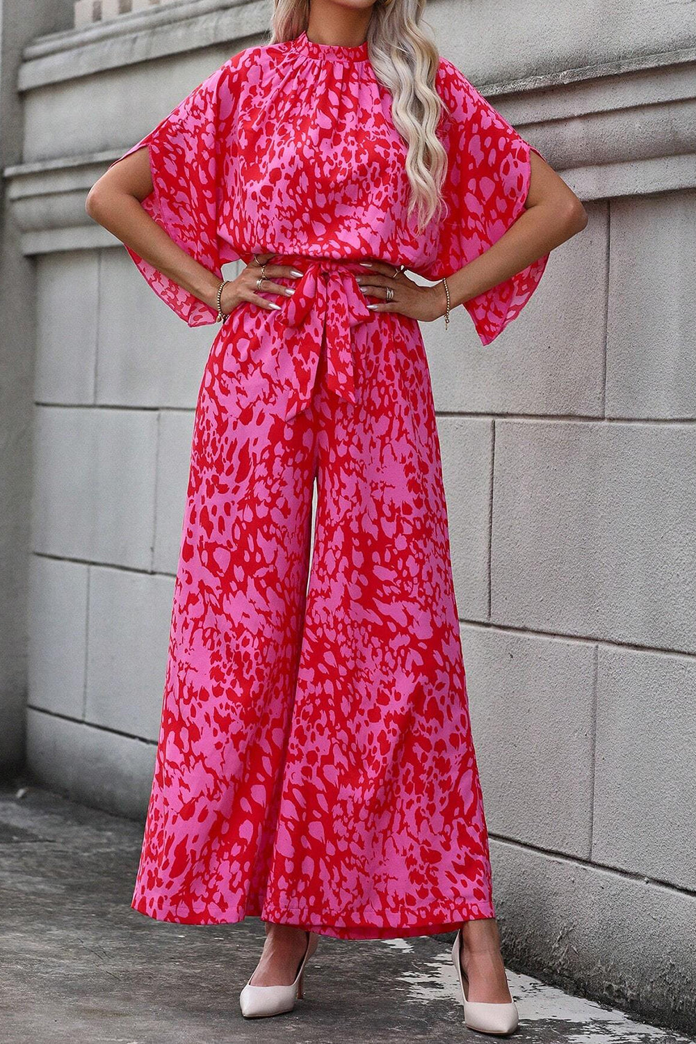 Rose Leopard Loose Sleeve Belted Wide Leg Jumpsuit