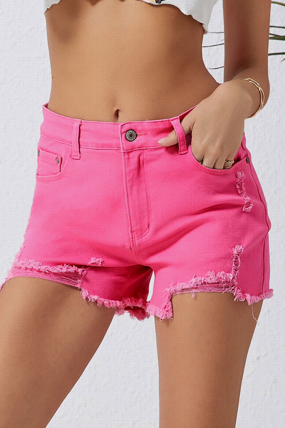 Rose Distressed Slim Fit High Waist Denim Shorts